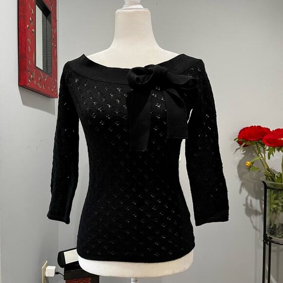 NEW Arden B. Wool Open Weave Knit Patterned Bow Tie Boatneck Fitted Sweater NWT - Picture 2 of 12